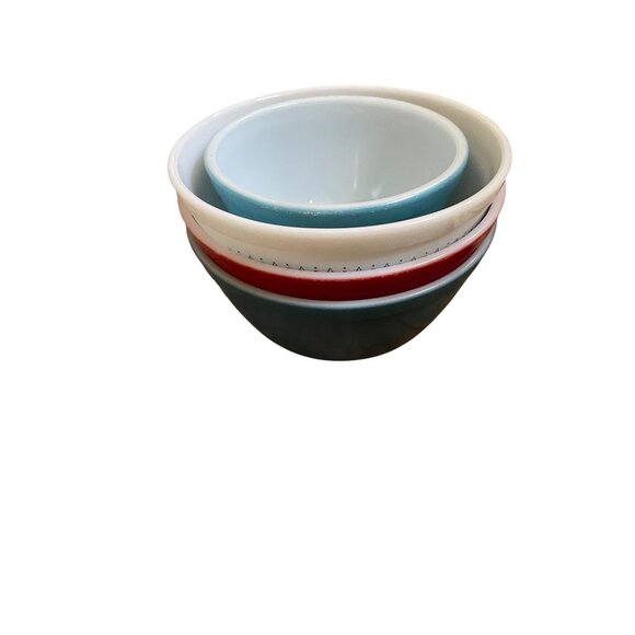Vintage Pyrex Mixing Bowls Set Of 4 Primary Colors Red & Blue White Interior Nes - Picture 3 of 9